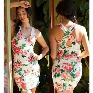 Daily Practice Anthropologie L Dress Floral Midi Ruched Pink Green Eureka NEW